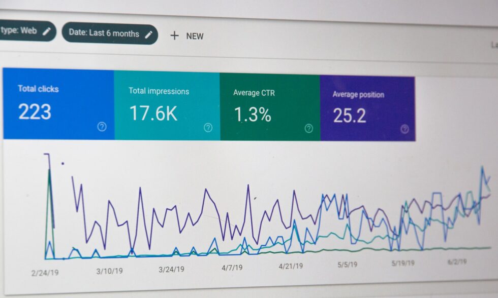 Search analytics dashboard showing clicks, impressions, CTR and average position for an AI SEO agency campaign