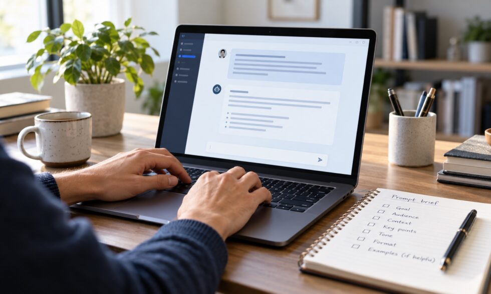 Writing an AI prompt on a laptop beside a notebook with a business briefing checklist